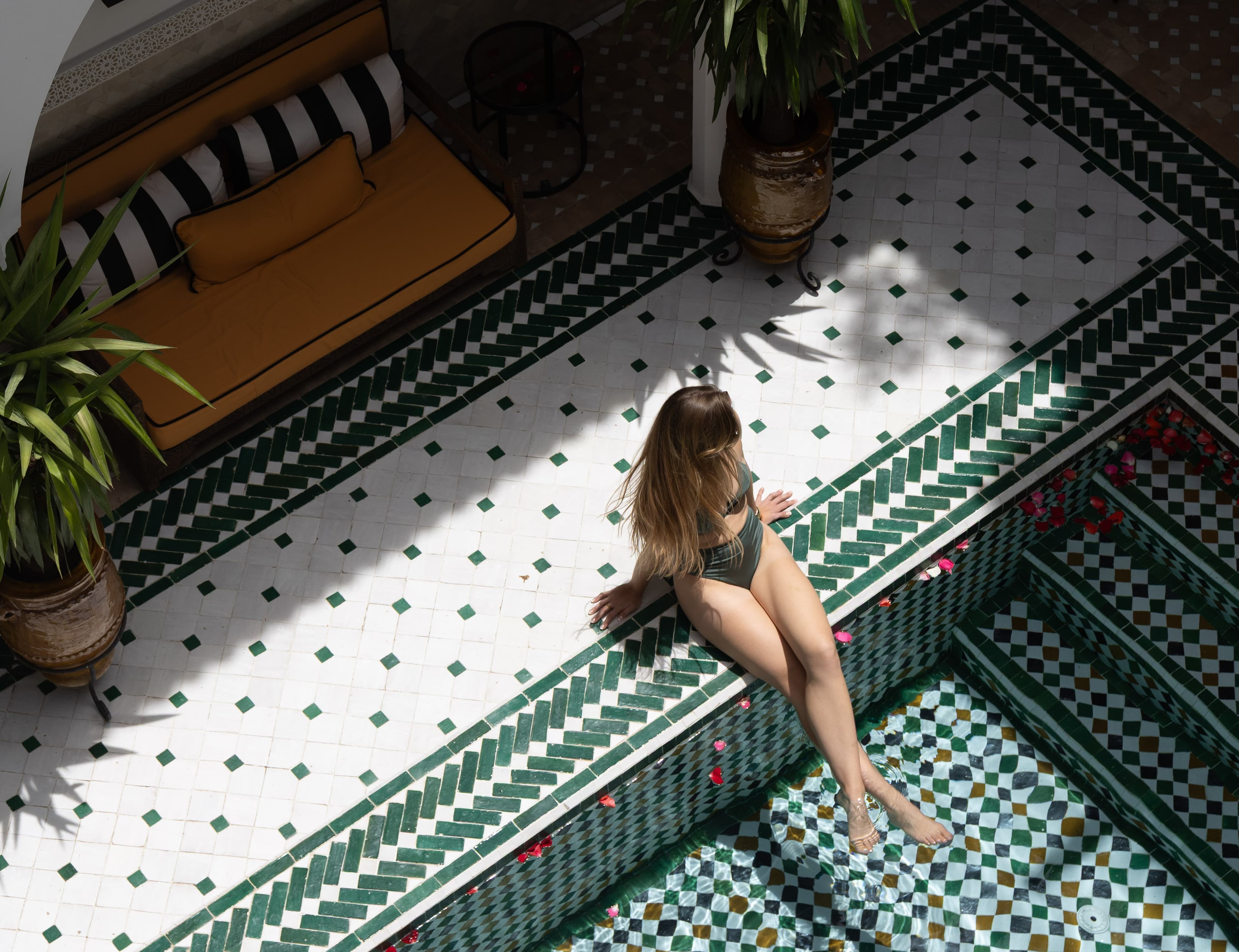 Aerial view of a Moroccan tiled pool