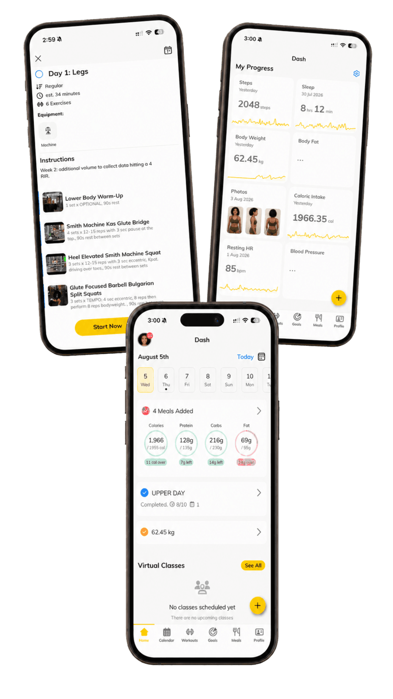 Body Unmuted client portal shown on three phone screens